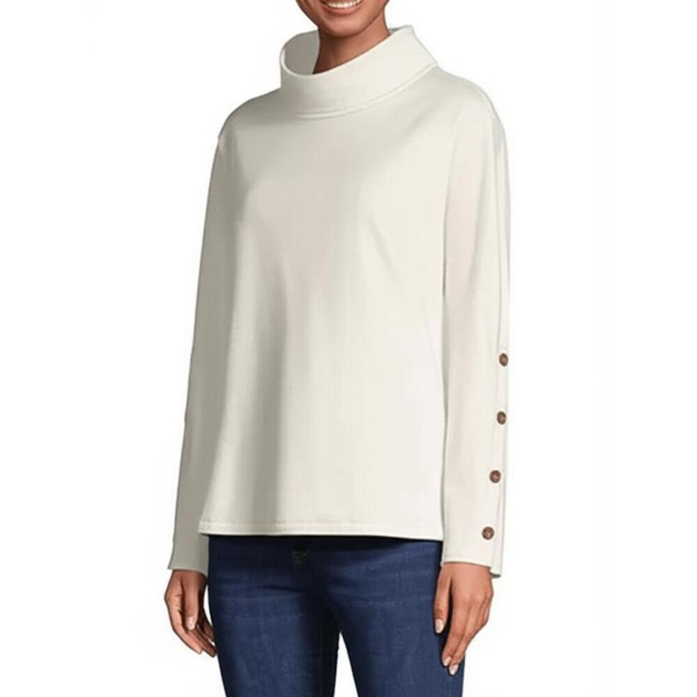 St John's Bay T-Shirt Women Ivory Mock Neck Long Sleeve Button Detail Classic
